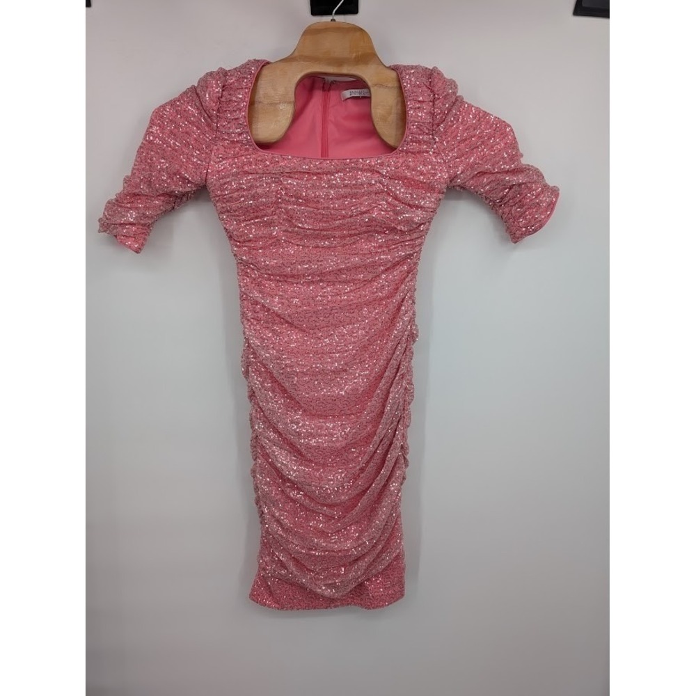 Badgley Mischka Women's Ruched Sequined Squared Elbow Sleeve Sheath Dress Pink